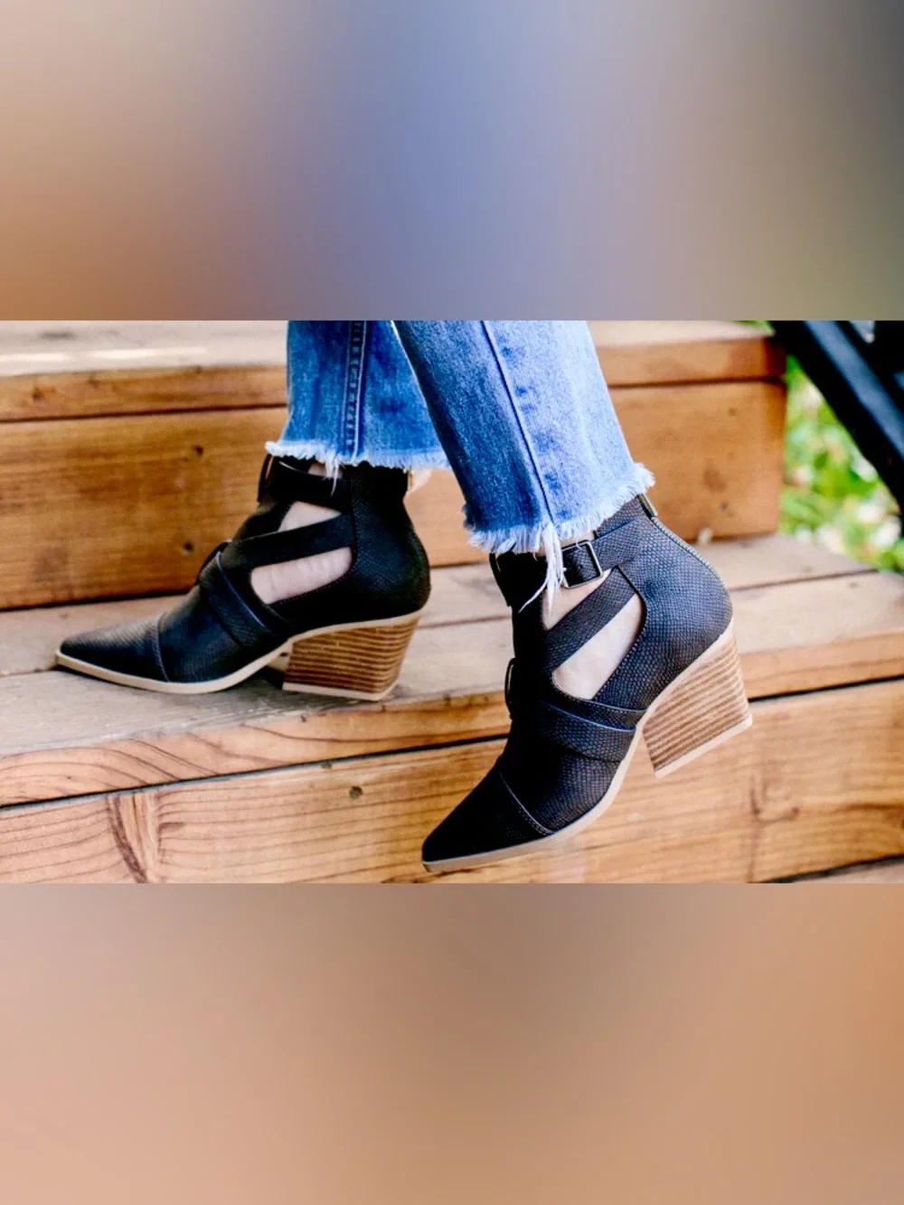 Yellowbox Black Canoly Cut-out Booties/Stacked Wooden Heel: Size 7